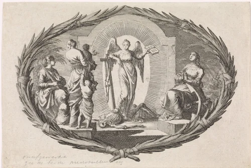 Theologische deugden en een engel by Jan Luyken, print, 1700
