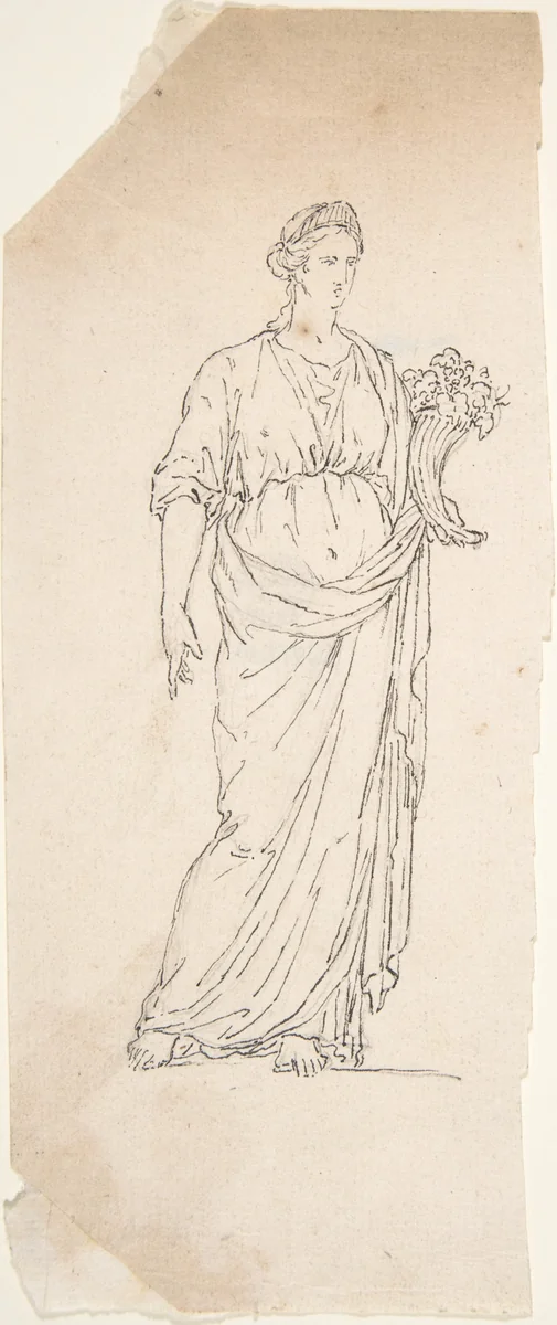 Drawing of Female Statue with Cornucopia by anonymous, drawing, 1700-1799