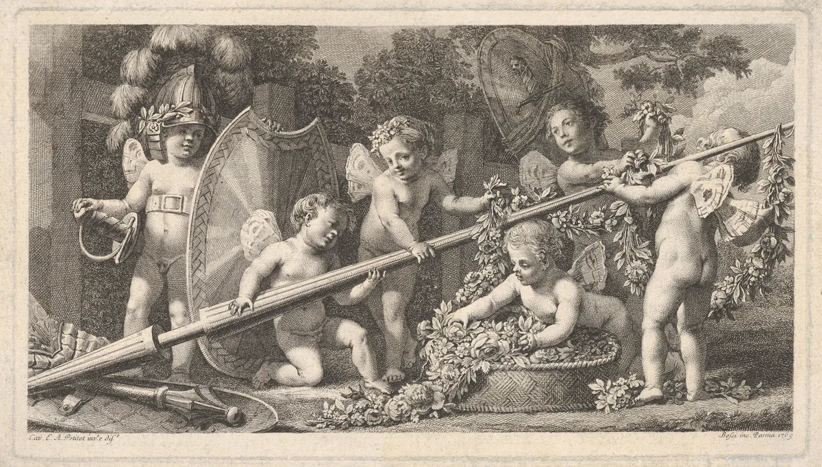 Six putti playing with the arms of Mars by Benigno Bossi, print, 1769