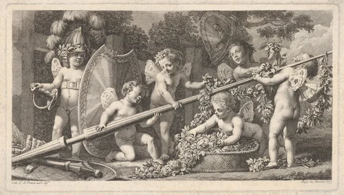 Six putti playing with the arms of Mars by Benigno Bossi, print, 1769