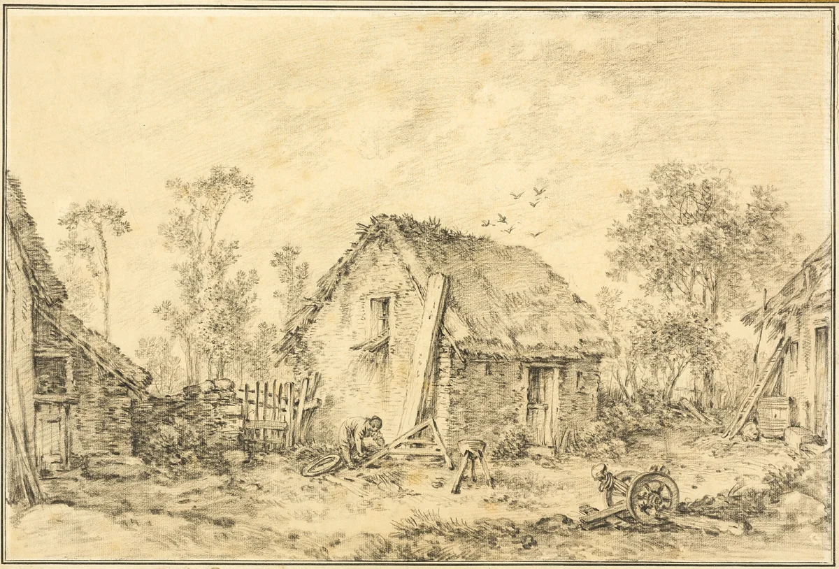 Landscape with Rustic Cottage by François Boucher, drawing, 1703-1770