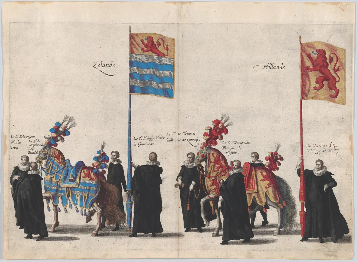 Plate 37: Men with heraldic flags and horses from Zeeland and Holland marching in the funeral procession of Archduke Albert of Austria; from 'Pompa Funebris ... Alberti Pii' by Cornelis Galle, print, 1623