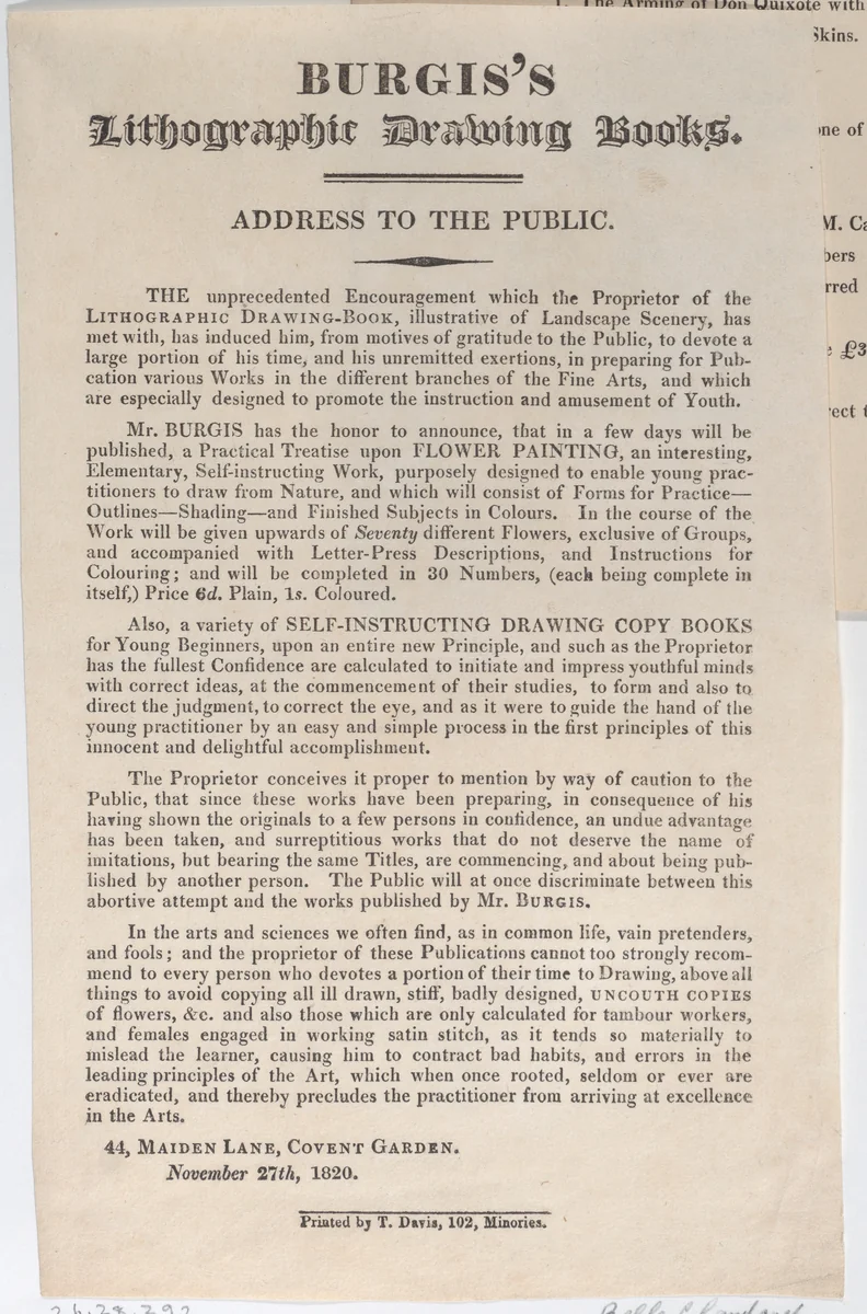 Trade Card for Burgis's Lithographic Drawing Books by anonymous, print, 1820