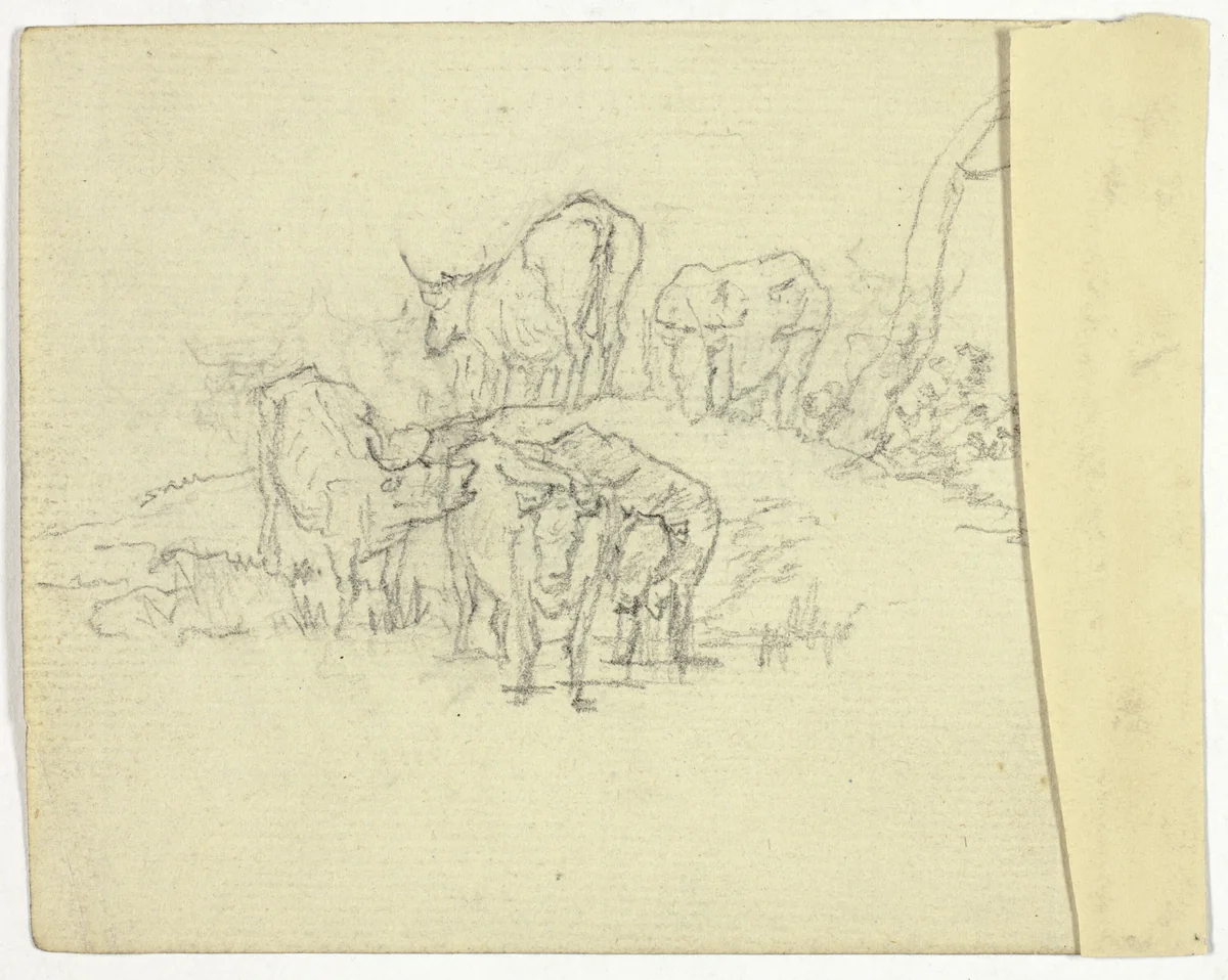 Cattle (recto); The Charlatan (verso) by William Henry Pyne, drawing, 1789-1843