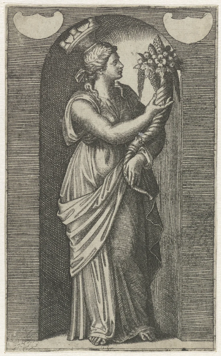 Jonge vrouw met hoorn des overvloeds by Marcantonio Raimondi, print, 1511-1520