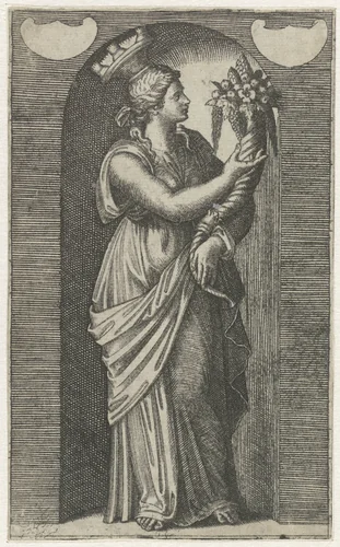 Jonge vrouw met hoorn des overvloeds by Marcantonio Raimondi, print, 1511-1520