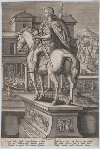 Plate 2: equestrian statue of Augustus, holding a globe and seen from behind, with a feast occurring at left in the background, from 'Roman Emperors on Horseback' by Adriaen Collaert, print, 1582-1594
