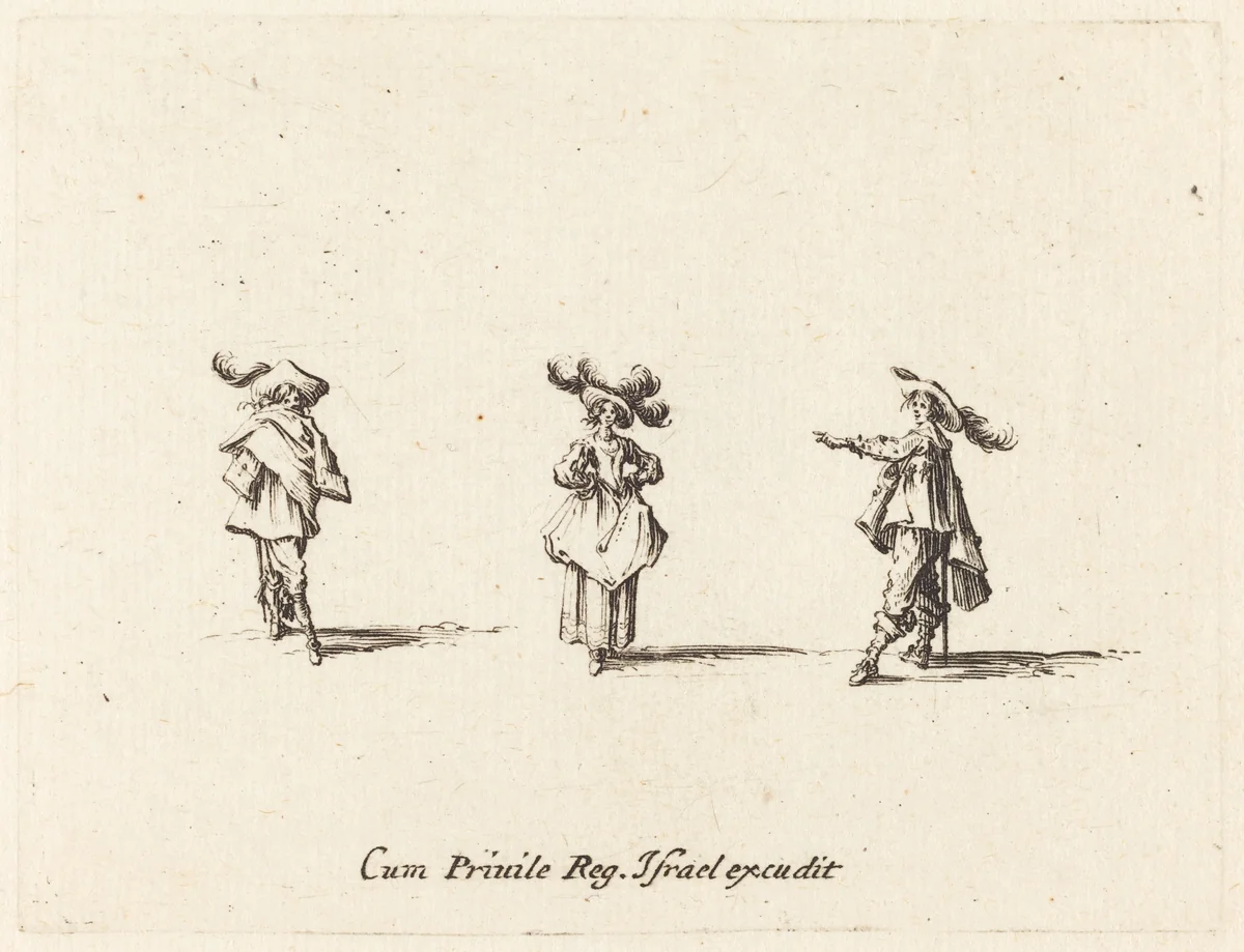 Lady with Large Plumes, and Two Gentlemen by Jacques Callot, print, 1628-1638