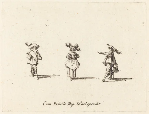Lady with Large Plumes, and Two Gentlemen by Jacques Callot, print, 1628-1638