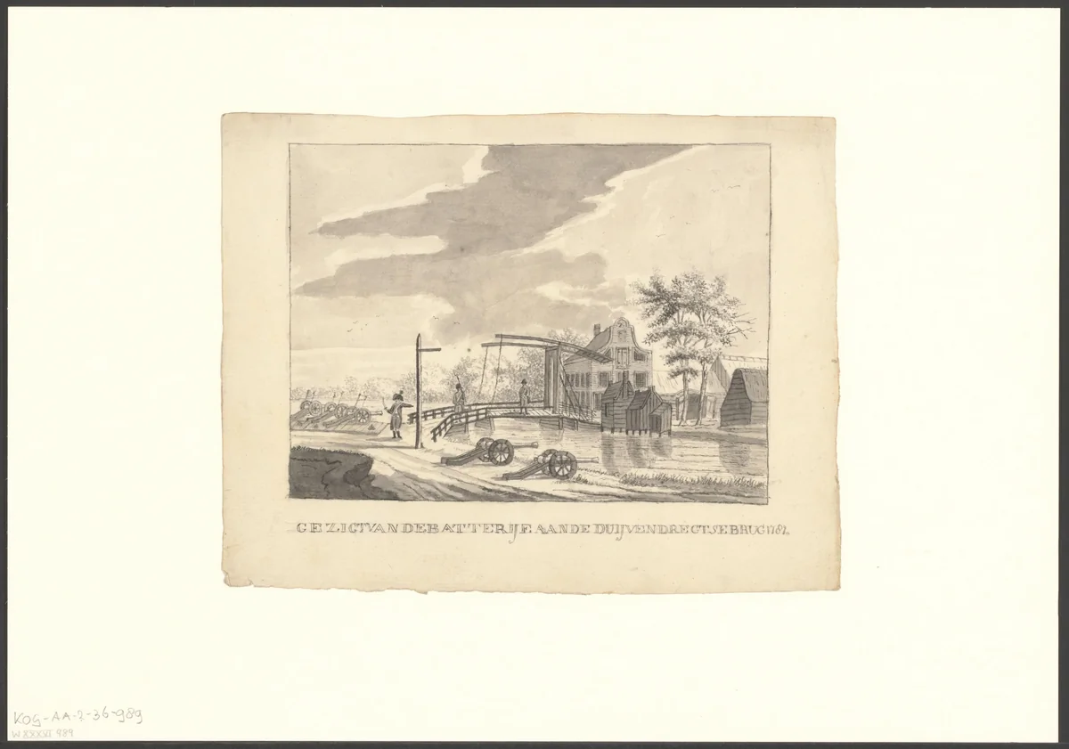 Gezicht op een batterij aan de Duivendrechtsebrug by anonymous, drawing, 1787-1899