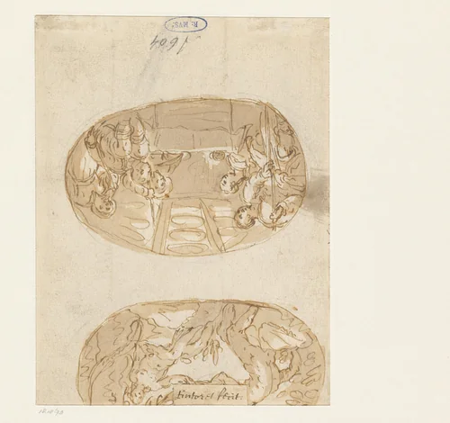 Verzoeking van Adam en Eva in het hof van Eden en de aanbidding door herders by anonymous, drawing, 1581