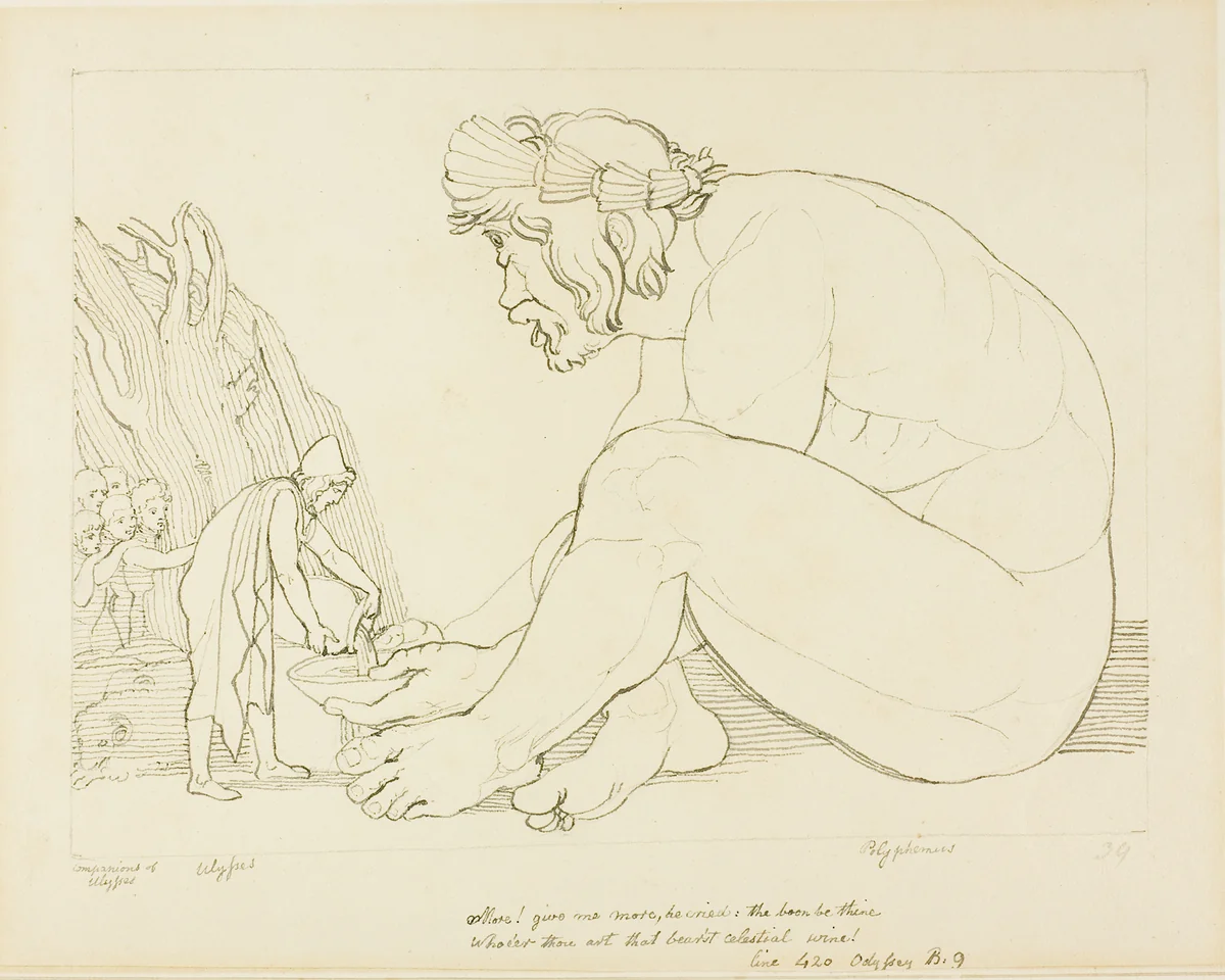 Polyphemus Begging Ulysses for More Wine by John Flaxman, drawing, 1775-1826