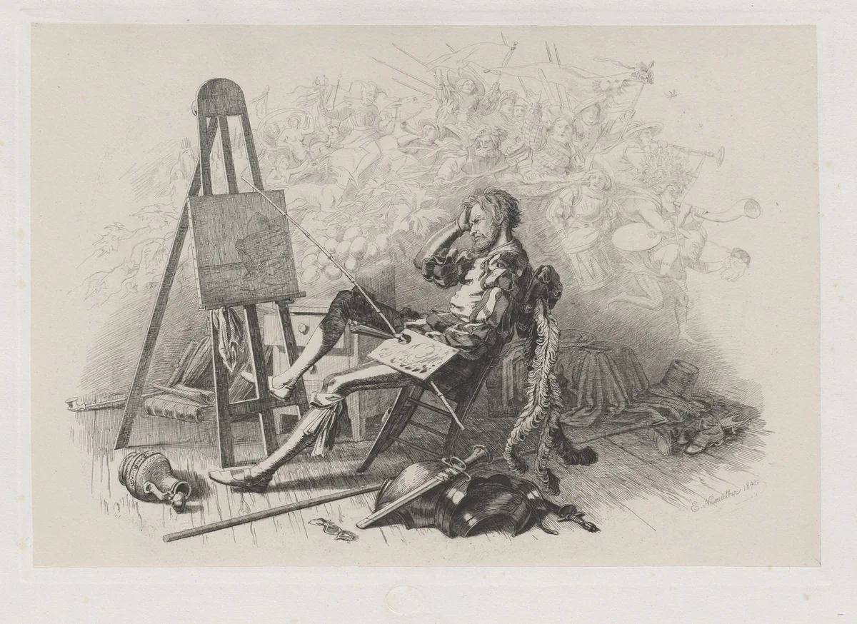 Morning after the Masked Ball: Emil Theodor Richter at His Easel by Eugen Napoleon Neureuther, print, 1840