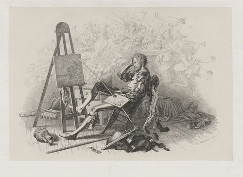 Morning after the Masked Ball: Emil Theodor Richter at His Easel by Eugen Napoleon Neureuther, print, 1840