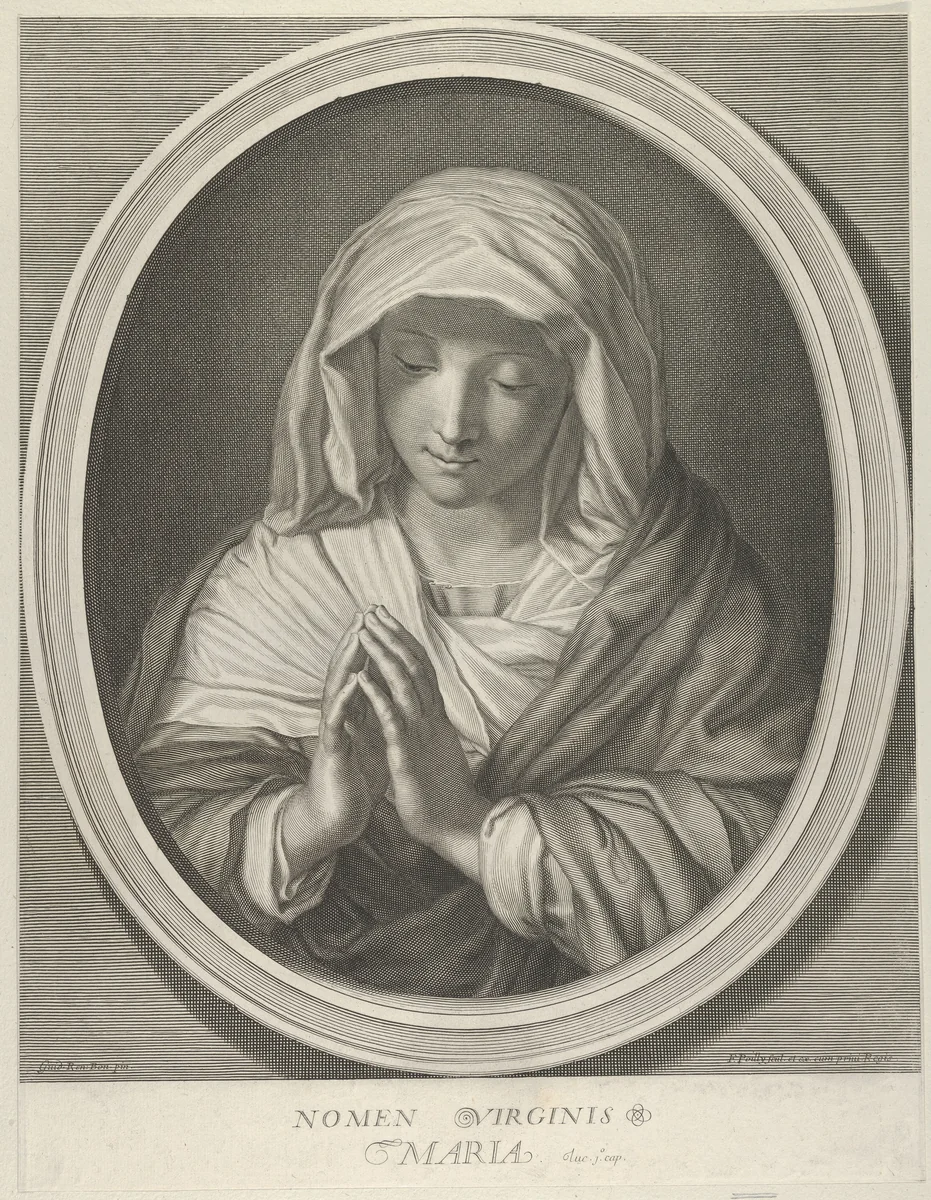 The Virgin in prayer looking down, in an oval frame, after Reni by Francois de Poilly, print, 1640-1693