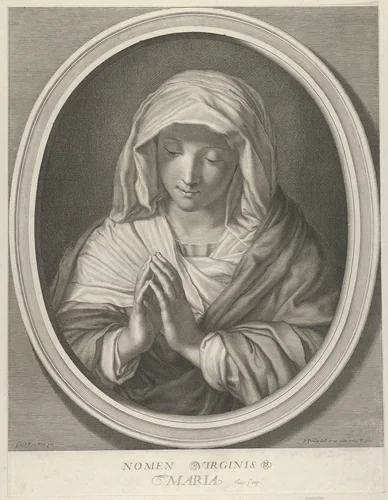 The Virgin in prayer looking down, in an oval frame, after Reni by Francois de Poilly, print, 1640-1693