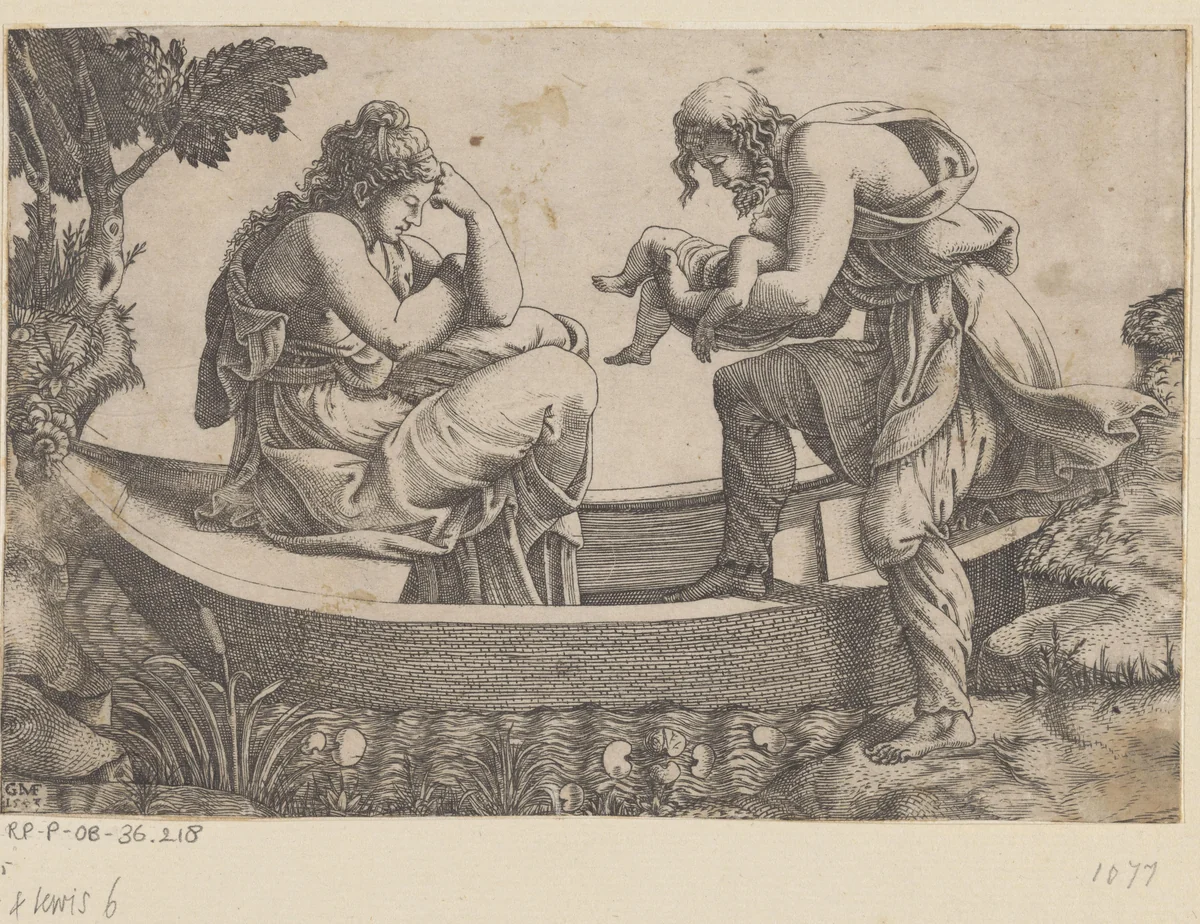 Vrouw in een bootje met man en baby by Unknown, print, 1543