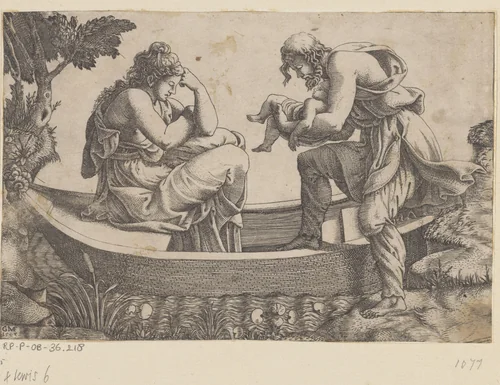 Vrouw in een bootje met man en baby by Unknown, print, 1543
