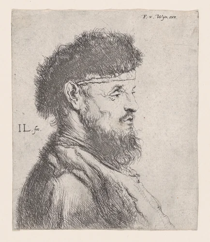 Bust of a Man with a Fur Cap by Jan Lievens, print, 1620-1674