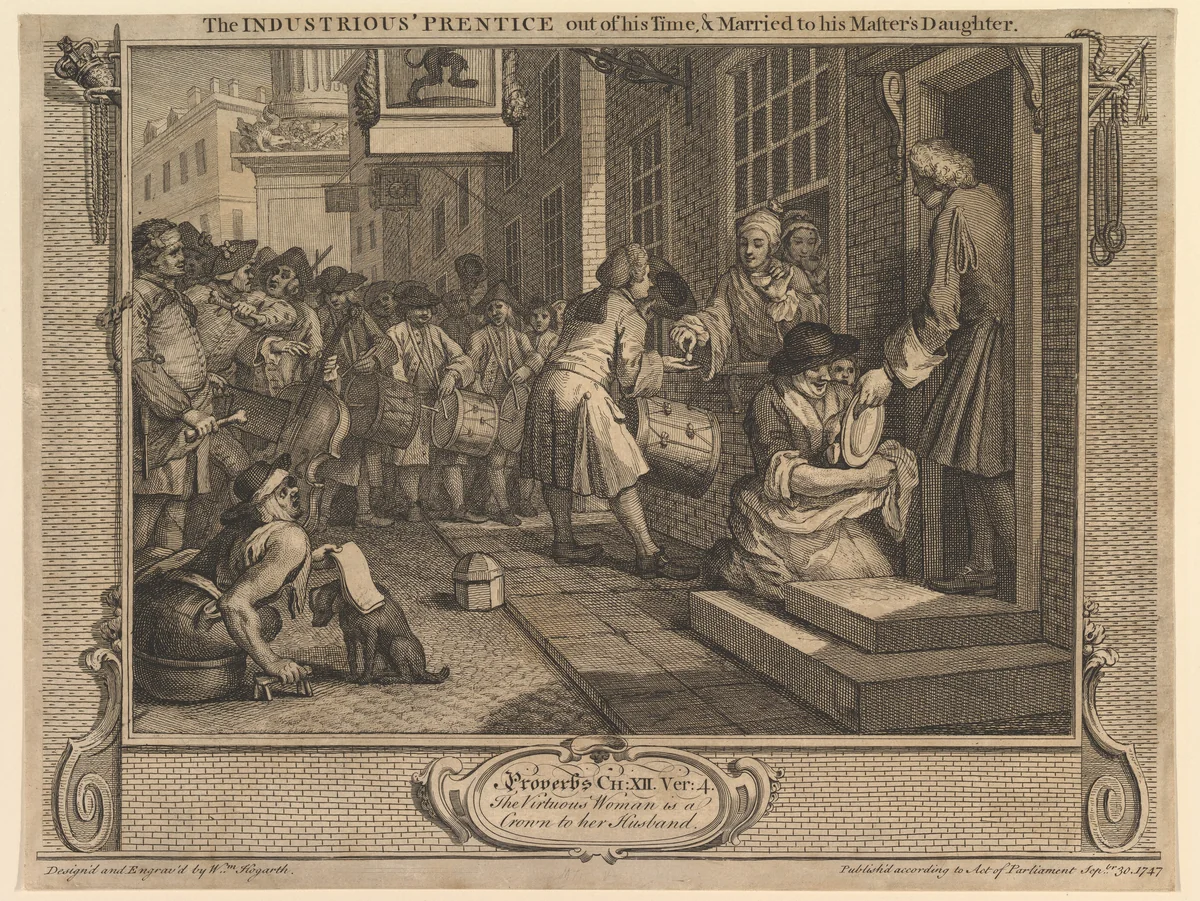 The Industrious 'Prentice Out of his Time and Married to his Master's Daughter: Industry and Idleness, plate 6 by William Hogarth, print, 1747