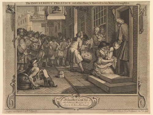 The Industrious 'Prentice Out of his Time and Married to his Master's Daughter: Industry and Idleness, plate 6 by William Hogarth, print, 1747