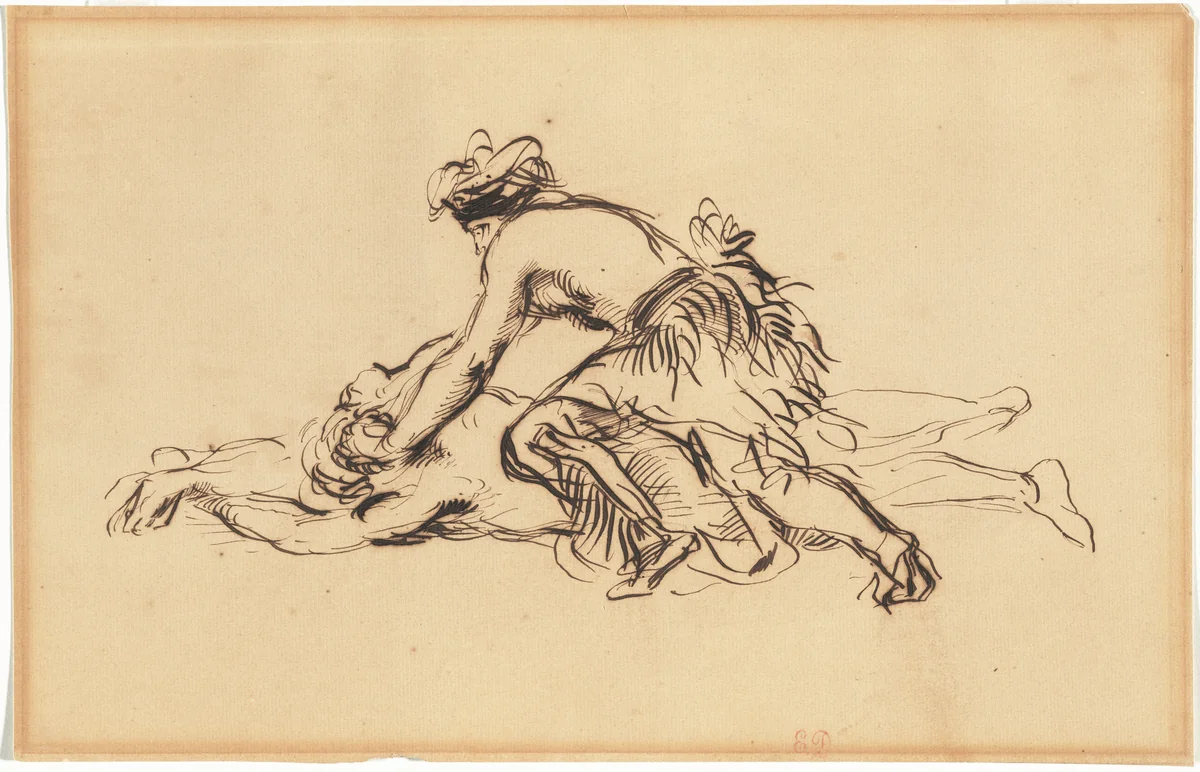 A False Scalping Performed by Iowa Tribe Members in Paris by Eugène Delacroix, drawing, 1845