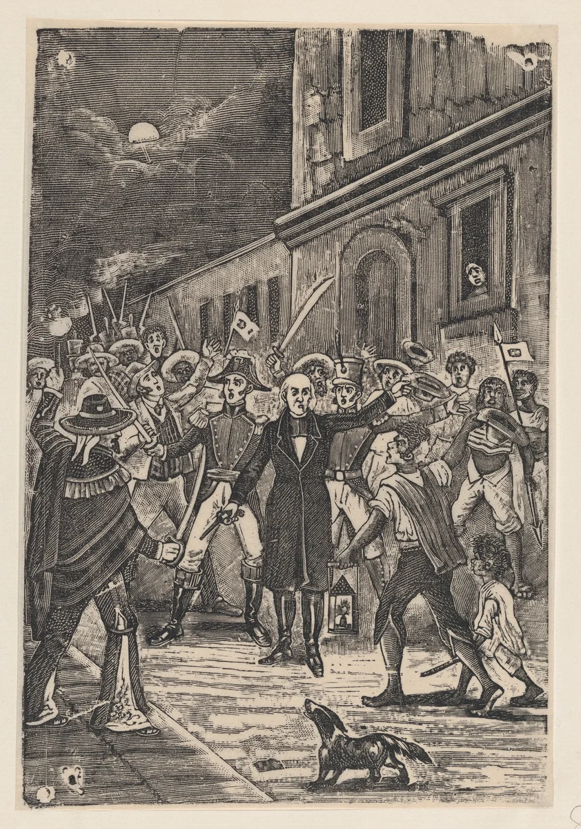 A group of men with weapons issuing a cry for independence by José Guadalupe Posada, print, 1875-1885