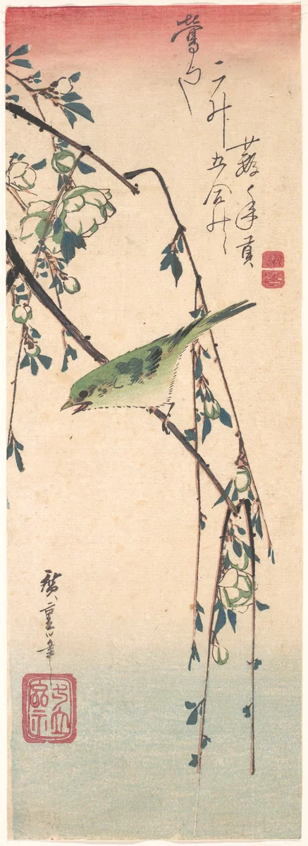 Warbler on a Plum Branch by Utagawa Hiroshige (歌川広重), print, 1825-1845