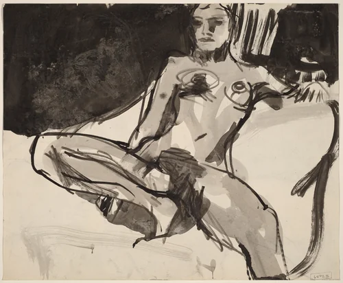 Untitled [female nude resting with her right leg in the seat] [verso] by Richard Diebenkorn, drawing, 1955-1967
