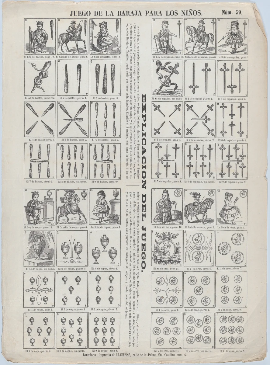 Sheet of playing cards for children by Juan Llorens, print, 1855-1865