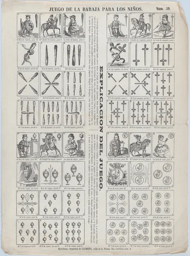 Sheet of playing cards for children by Juan Llorens, print, 1855-1865