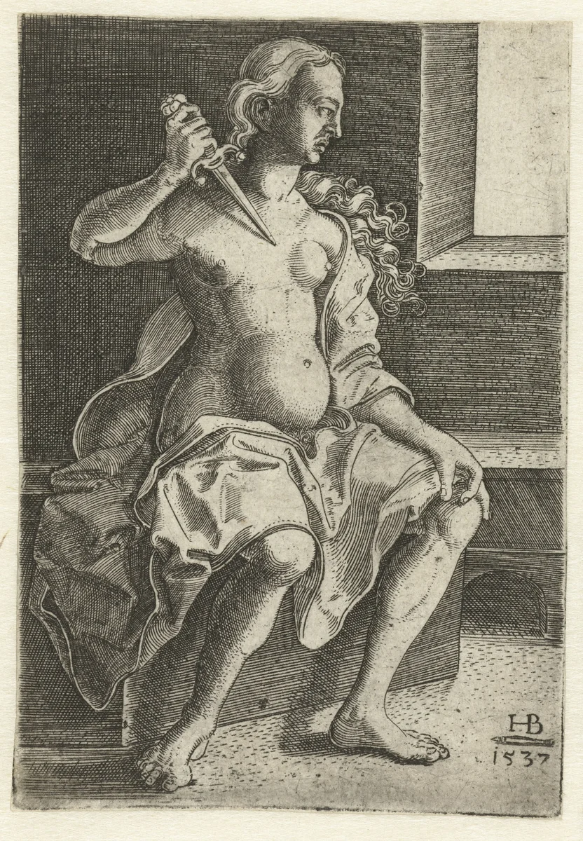 Lucretia steekt mes in haar borst by Unknown, print, 1537