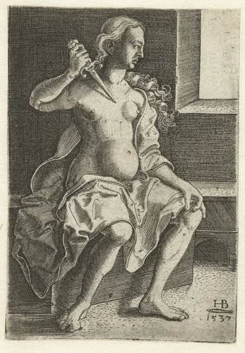 Lucretia steekt mes in haar borst by Unknown, print, 1537