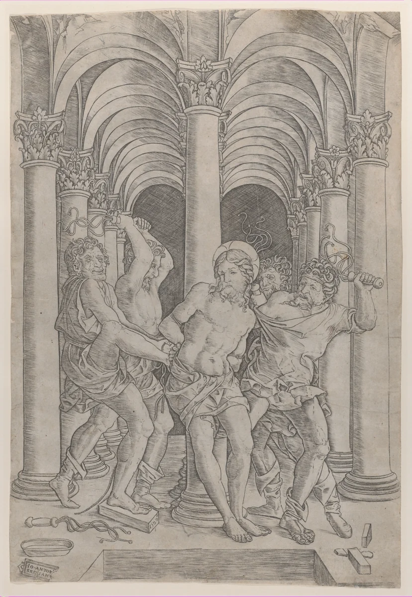The Flagellation of Christ who is tied to a column at center set within an arcade by Giovanni Antonio da Brescia, print, 1509
