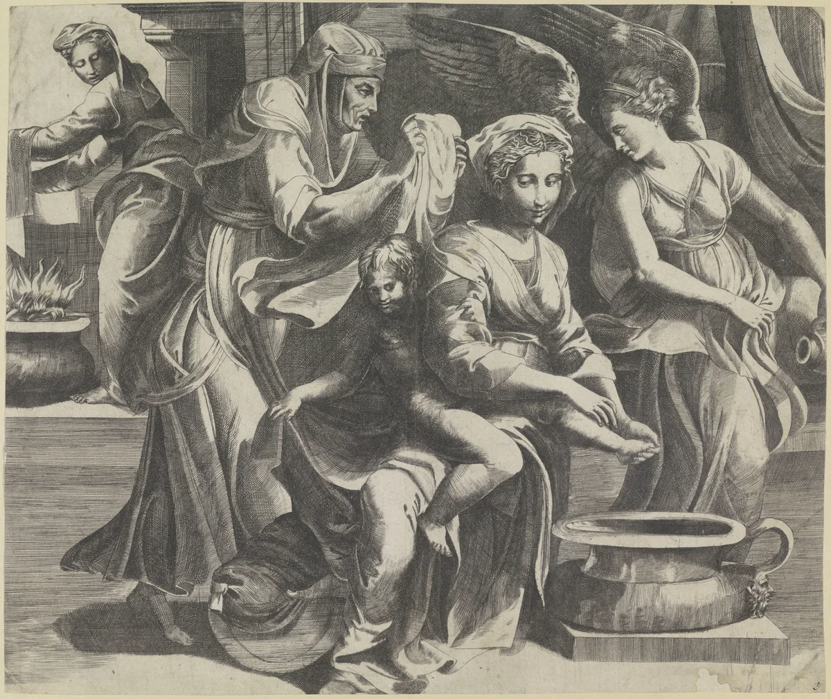 Maria wast de voeten van jonge Christus by Giulio Bonasone, print, 1509-1546