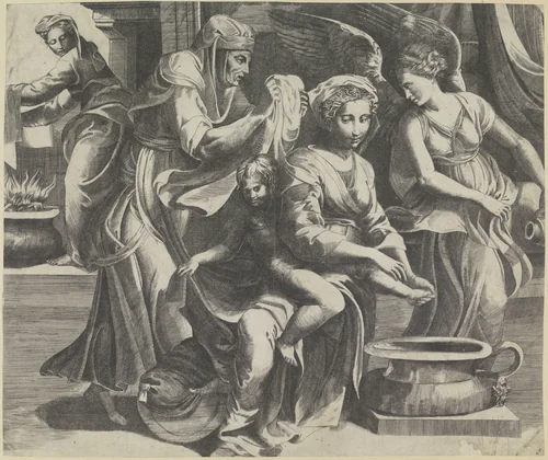 Maria wast de voeten van jonge Christus by Giulio Bonasone, print, 1509-1546