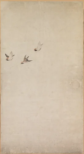 Puppies, Sparrows, and Chrysanthemums by Nagasawa Rosetsu (長澤蘆雪), painting, 1788-1799