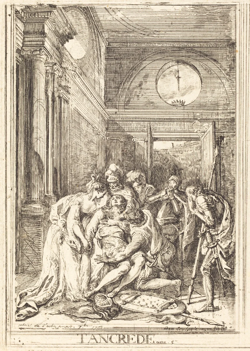 The Death of Tancred [left] by Gabriel de Saint-Aubin, print, 1760