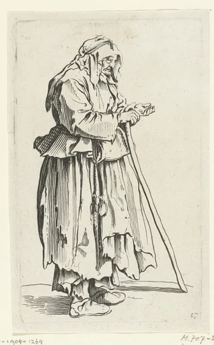 Bedelares die haar hand ophoudt by anonymous, print, 1622-1670