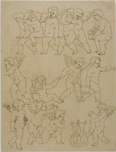 Putti Performing Tasks by Unknown Artist, drawing, 1700-1799