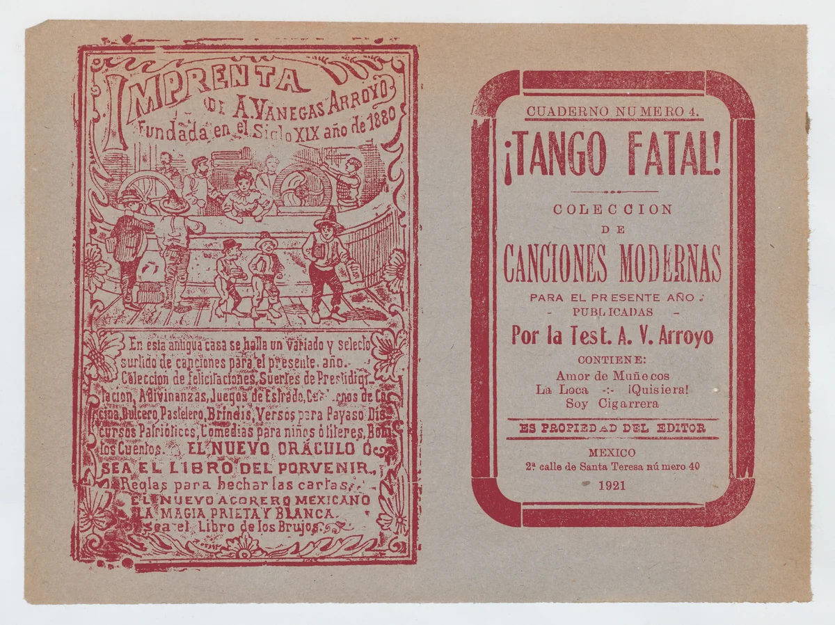 Cover for 'Tango Fatal! Coleccion de Canciones Modernas' by José Guadalupe Posada, print, 1916-1926
