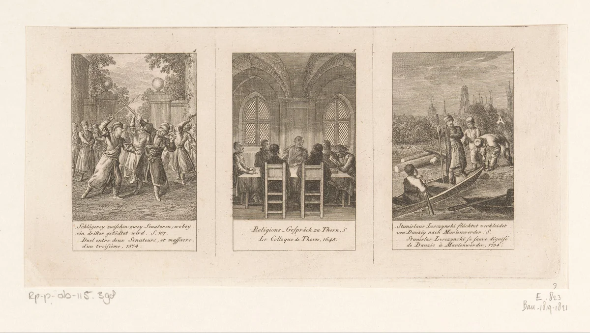 Drie voorstellingen uit de geschiedenis van Polen by Daniel Nikolaus Chodowiecki, print, 1796