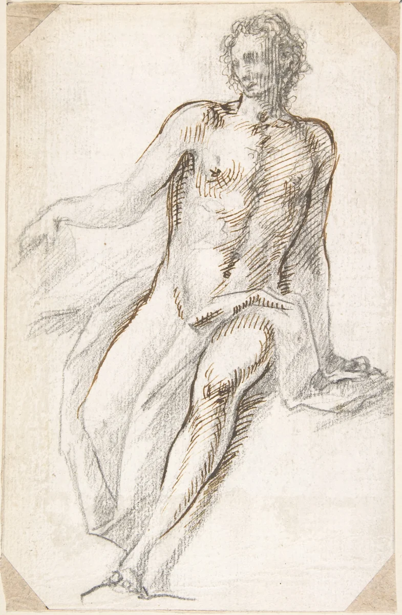 Seated Male Nude with Open Book by Pedro Duque Cornejo, drawing, 1695-1755
