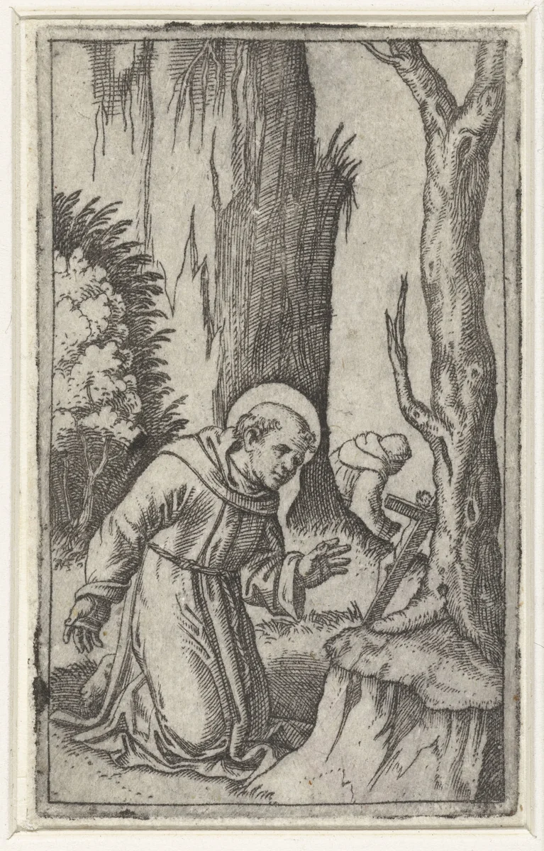 Heilige Franciscus van Assisi knielend voor crucifix by Marcantonio Raimondi, print, 1500-1527