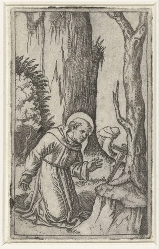 Heilige Franciscus van Assisi knielend voor crucifix by Marcantonio Raimondi, print, 1500-1527