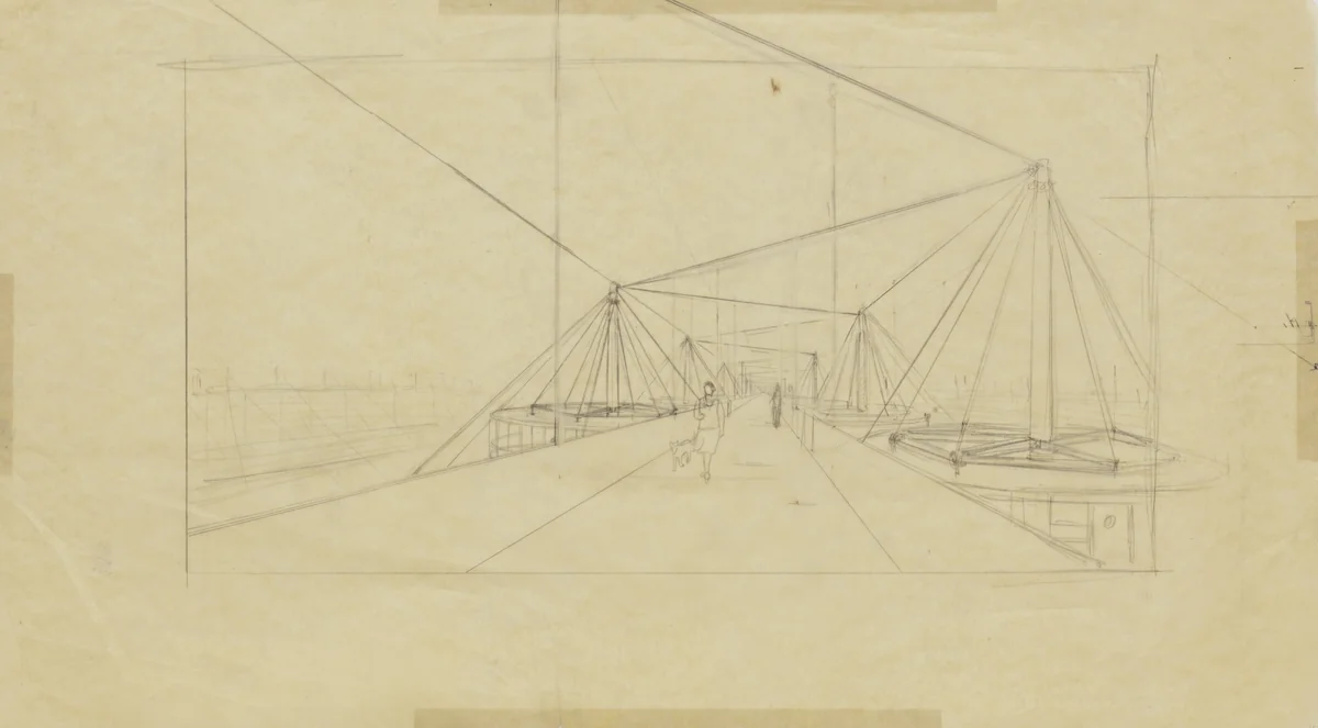 Suspension Houses Project (Perspective) by Bodo Rasch, Heinz Rasch, architecture, 1927