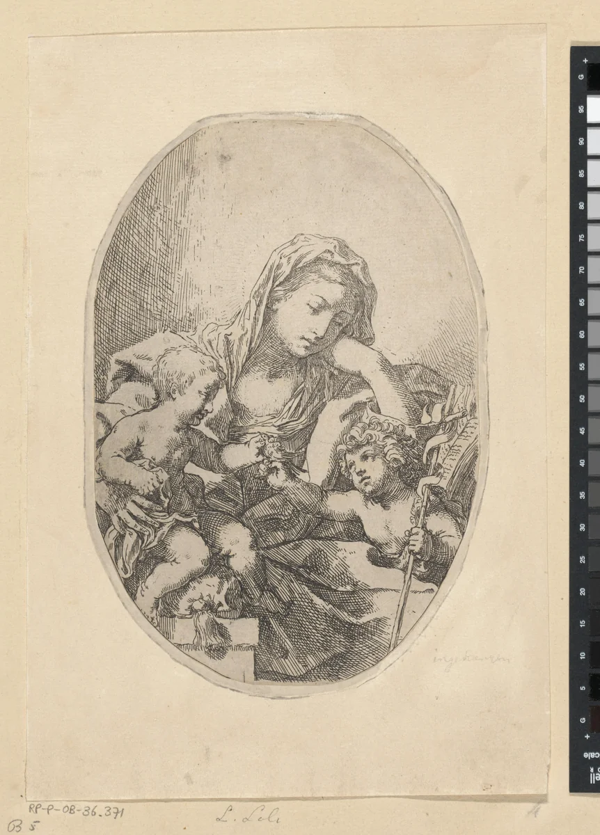 Maria met Kind en de jonge Johannes de Doper by Lorenzo Loli, print, 1622-1691