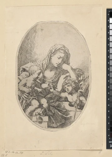 Maria met Kind en de jonge Johannes de Doper by Lorenzo Loli, print, 1622-1691