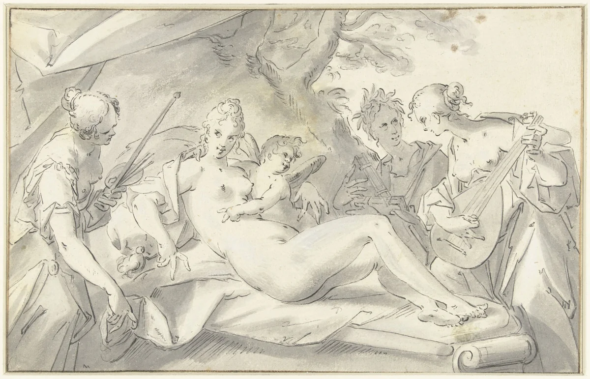 Venus te midden van kunsten en wetenschap by Hans von Aachen, drawing, 1562-1615