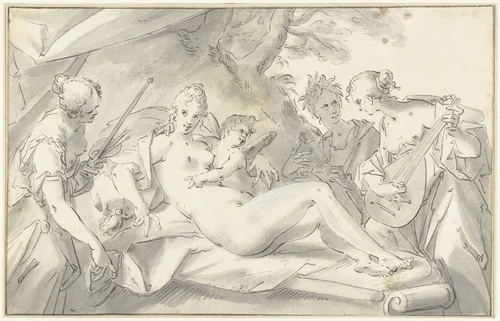 Venus te midden van kunsten en wetenschap by Hans von Aachen, drawing, 1562-1615